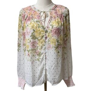 {Haver & Blair} Floral Butterfly Tie Neck Front Button Elastic Sleeve Blouse Top